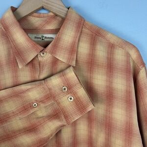 Tommy Bahama Men's Large Tencel Orange Plaid Long Sleeve Button‎ Up Beach Shirt